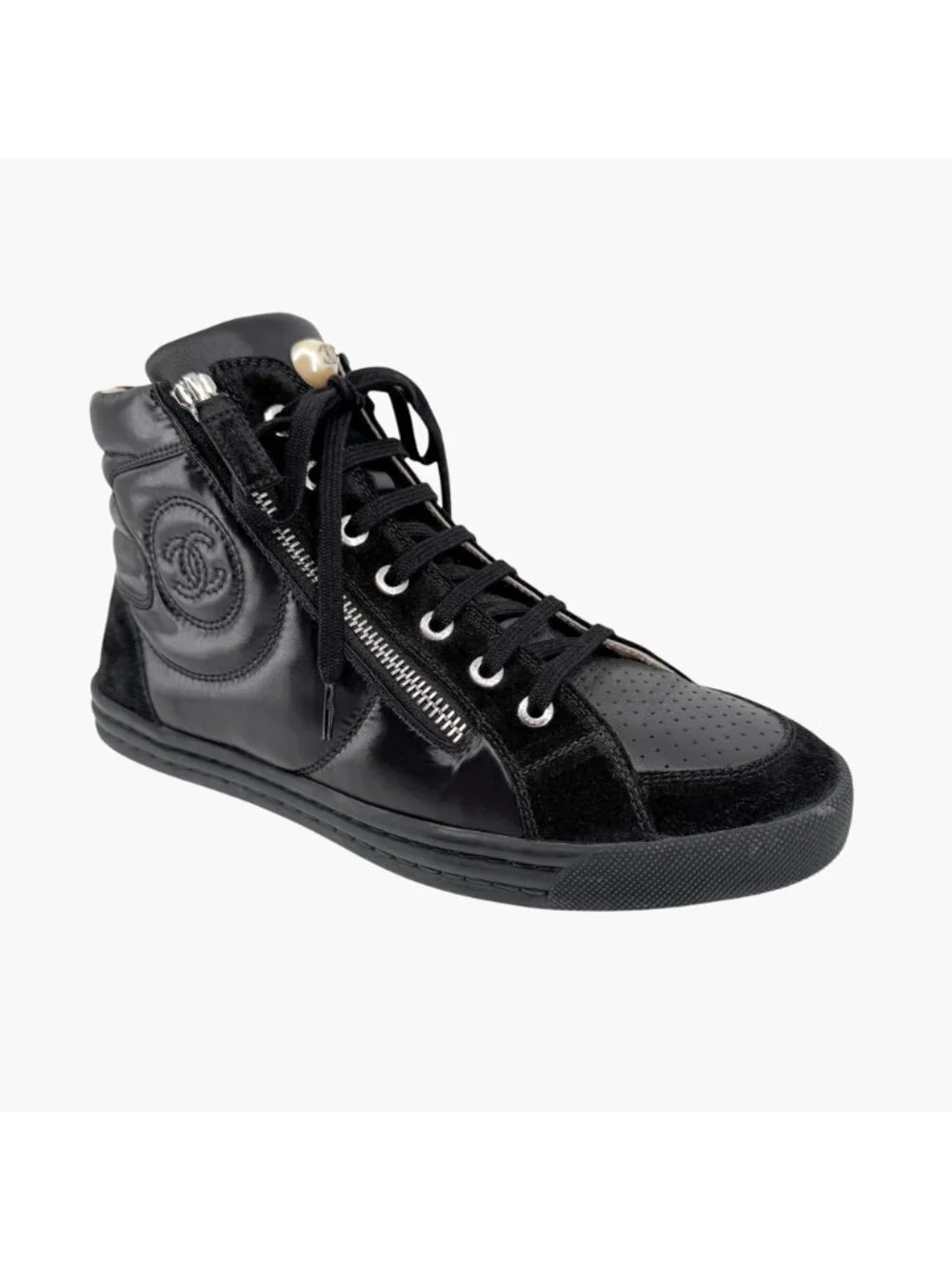 Chanel CC Pearl High Top Sneakers Black Size 38 US 7-7.5 Women's Quilted Nylon